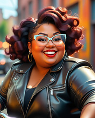 A young, large African-American woman on a motorcycle, smiling widely, with flowing black hair.