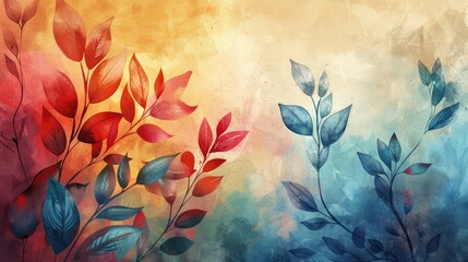 Artistic foliage watercolor with a gradient from red to blue.