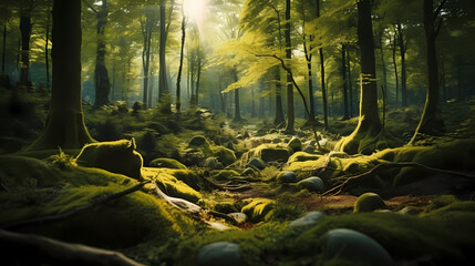 Lush green forest, vibrant green plants in the forest
