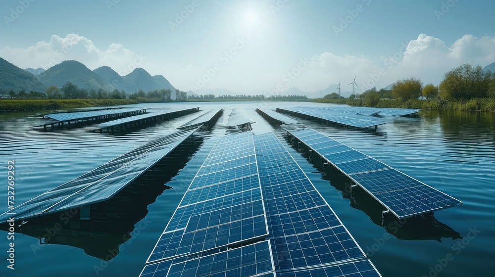 Aufkleber A lake where solar panels float on the water.. Generative AI.
