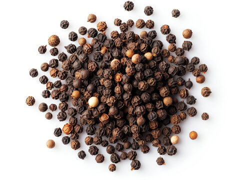 Close-Up View of Scattered Black Peppercorns on a White Background This image features a collection of black peppercorns spread out on a clean white surface, captured from above.