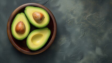 Avocado halves in a wooden bowl on a dark surface