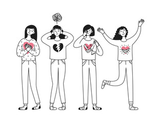 The character is a woman with a heart in different periods of crisis, stress, depression. Mental health. Positive thinking, struggle, healing. Vector doodle illustration