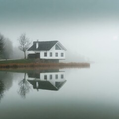 Minimalist style landscape of a small house reflected in a lake with calm waters on a misty day
