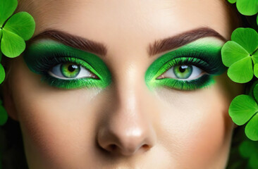 Naklejka premium festive woman with vibrant green makeup, perfect St. Patricks Day. eyes with bold, green eyeshadow, lips in matching green hue. shamrock clovers make up, beauty and cosmetics.