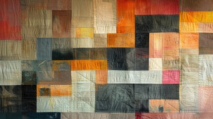 A colorful abstract quilt with a patchwork design.