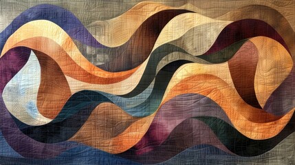 Wavy-patterned quilt with warm and cool color tones.