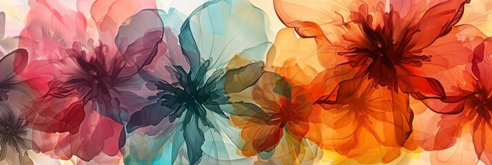beautiful celebration banner with abstract transparent blue, orange, pink and red flowers on light background for international women's day, birthday, mother's day - obrazy, fototapety, plakaty
