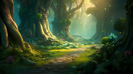 Lush green forest, vibrant green plants in the forest