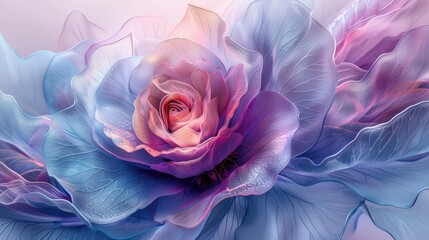 Ethereal digital art of a single rose surrounded by translucent leaves.