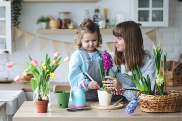 Happy mother and daughter doing home gardening together in the kitchen, taking care about flowers, plants. Family traditions and quality time, having fun, enjoy domestic life. Mother's or Women's day