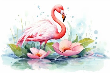 Whimsical watercolor of a cute pink flamingo with playful cartoon style, surrounded by water lily. Generative AI