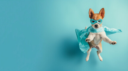 Fototapeta na wymiar Flying Canine Crusader The Adventures of the Superhero Dog with Mask and Cape in front of a Blue Background