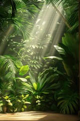 Sunlight streams through a tropical indoor garden with scattered shadows.