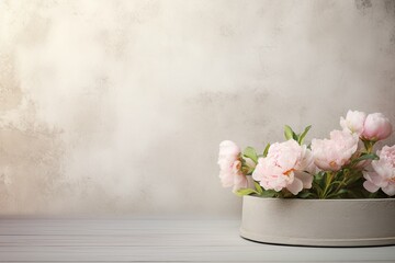 retro background with peonies in vintage style with free space for inscriptions. antique wall with scuffs in shabby chic style. summer spring laconic natural background - obrazy, fototapety, plakaty