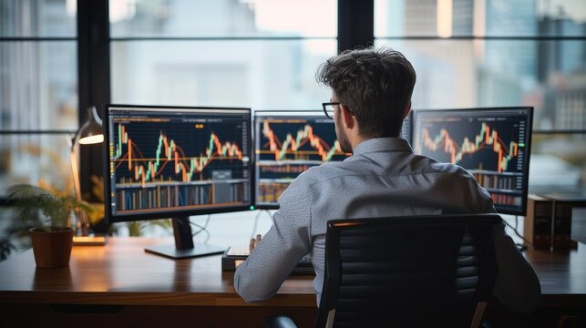 A Man Professional Stock Trader Sitting At An Office Desk, Using A Desktop Computer With Trading Charts On The Screen. Generative AI.