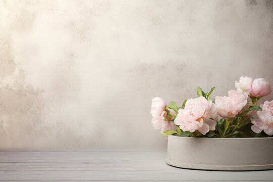retro background with peonies in vintage style with free space for inscriptions. antique wall with scuffs in shabby chic style. summer spring laconic natural background