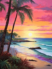 Silhouetted Palm Beaches in Dawn: A Vibrant Landscape Painting, Beach Art