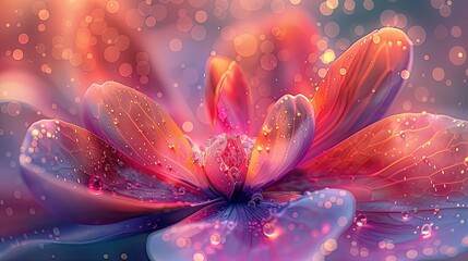 Radiant flower with water droplets, set against a bokeh light background. - Powered by Adobe