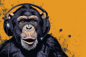 Monkey Wearing Headphones With Yellow Background
