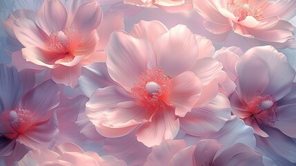 Large soft pink flowers with detailed red centers, on a blue background. - obrazy, fototapety, plakaty