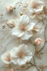 White flowers with peach buds on a creamy textured background.