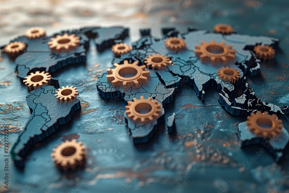 Poster a world map made up of interconnected gears, representing the intricate mechanisms of global trade a