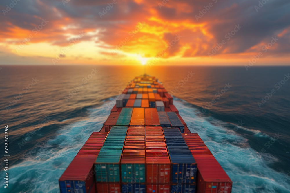 Poster a cargo ship loaded with containers from various countries, navigating the open seas as part of a gl