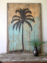 Silhouetted Palm Wall Art: Vintage Painting Beach Scene