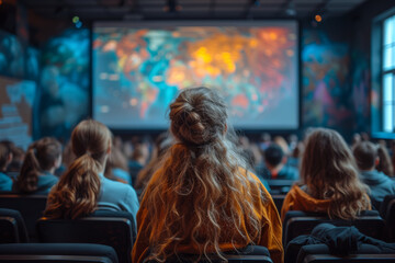 A virtual classroom where students from different countries engage in collaborative learning, transcending geographical boundaries. Concept of global education. Generative Ai.