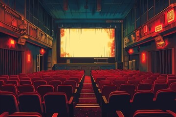 An Empty Theater With Red Seats and a Large Screen