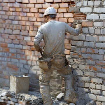 Bricklayers and construction workers work to complete their work in housing construction areas, good for use as concepts for contractors, architects, websites, advertisements, etc. Generative Ai