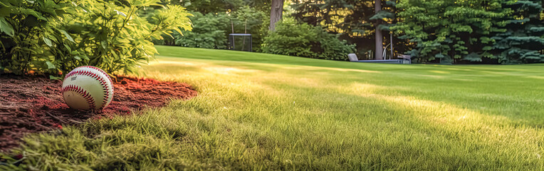 A baseball rests peacefully in the lush green grass - obrazy, fototapety, plakaty