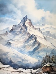 Snow-Capped Alpine Art: Vintage Painting of Mountain Landscape Winter Scene