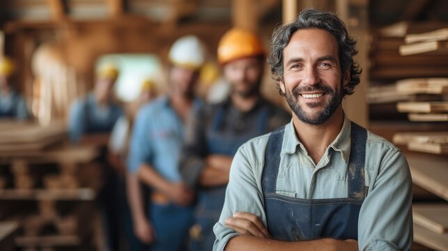 A male carpenter standing in the wood workshop. Generative AI.
