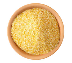 Corn polenta in clay pot, uncooked isolated on white, top view
