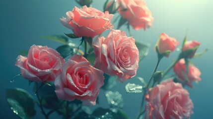 Dew-kissed pink roses against a serene blue backdrop.