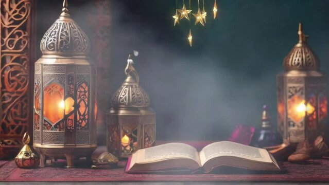 Ramadan Kareem background featuring an open Quran.looping time-lapse virtual video animation background