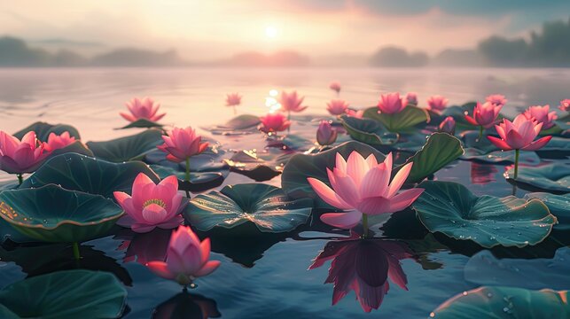 Serene scene of pink lotus flowers on tranquil waters at sunrise.