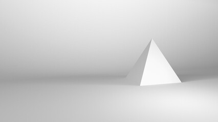 Minimalist design of a pyramid in an empty white room. 3D rendering illustration with free space for text.