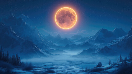 Naklejka na ściany i meble Calming night mountains with big moon sky. Generative AI.