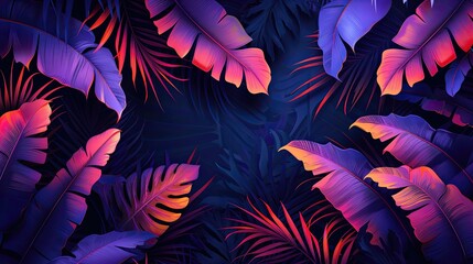 Neon tropical foliage in a rich tapestry of blue and pink.