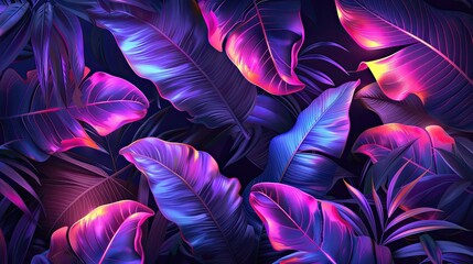 Neon-illuminated tropical leaves in a vibrant dance of colors.