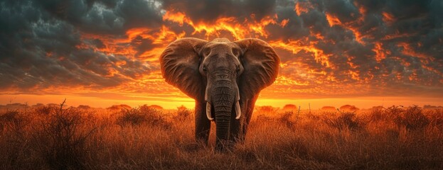 a majestic elephant with golden trunk standing against the sunset