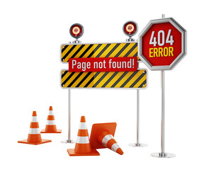 404 web page not found error signboard and traffic cones. Transparent background. 3D illustration