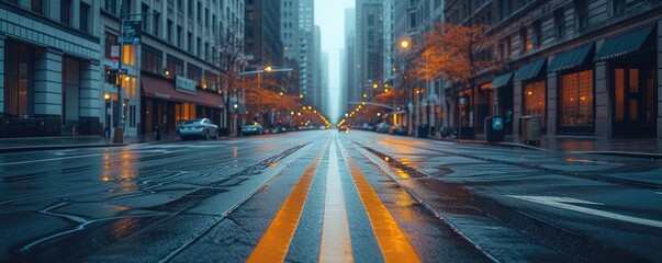 An empty city street with tall buildings. Generative AI.