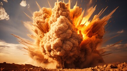 Explosion rocks desert, sandstorm ensues. Dramatic background sky adds intensity.