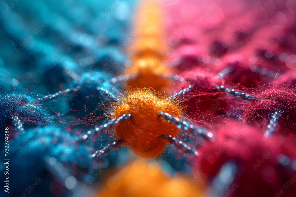 Poster a tangled web of colorful threads converging into a central point, representing the interconnected n