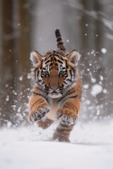 Fototapeta na wymiar Energetic Tiger Cub Captured Mid-Run, Snowflakes Kicking Up Around Its Paws.