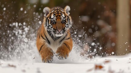 Fototapeta na wymiar Playful Prowess in the Snow: A Tiger Cub's Spirited Run, Its Coat Contrasting with the Snowy Terrain.
